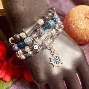 Evil Eye Charm, Hematite, Crackled Agate & Pewter Bead Stretch Bracelet Set